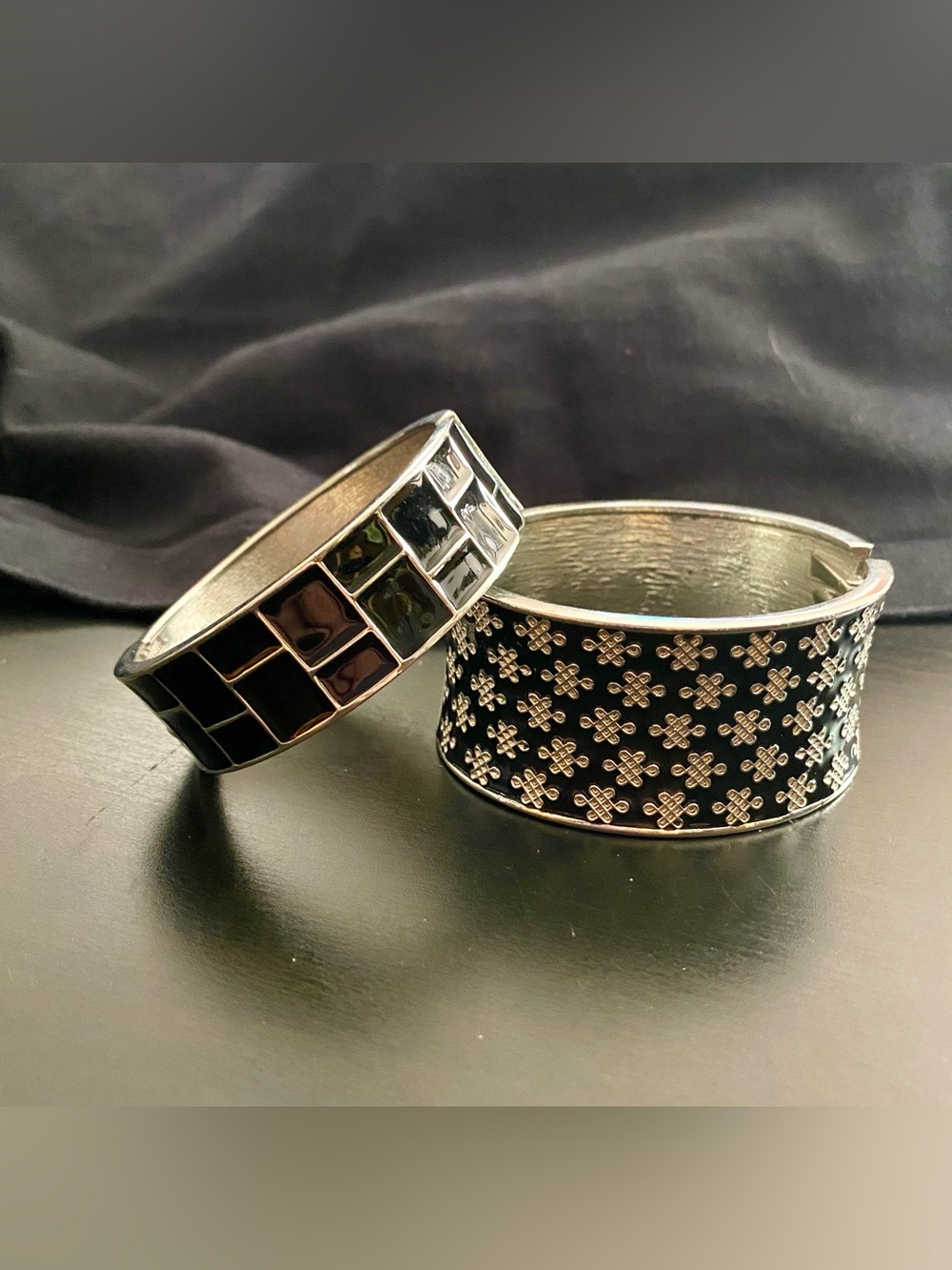 2 Silver-tone & Black Bracelet Cuffs Geometric